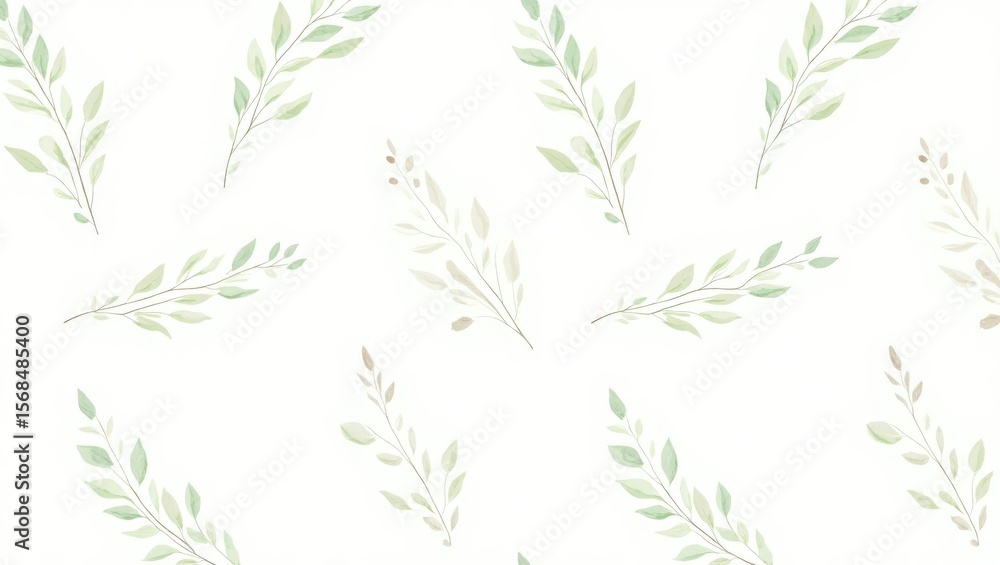 Delicate watercolor branches with soft green and beige leaves scattered across a clean white background creating a natural and airy aesthetic Delicate watercolor branches with soft green and beige leaves scattered across a clean white background creating a natural and airy aesthetic