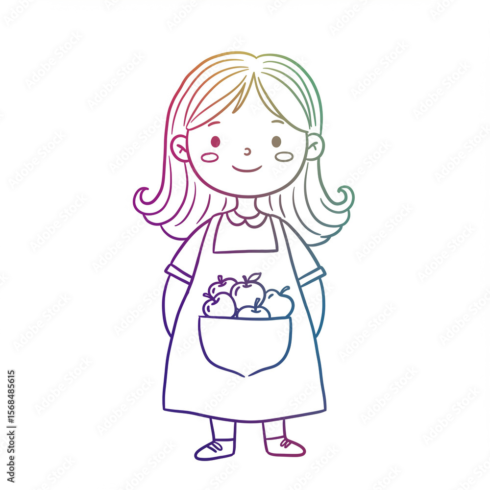 Young girl smiling while holding fruits in a pocketed apron Young girl smiling while holding fruits in a pocketed apron