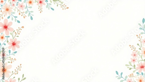 Soft watercolor floral border with delicate pink and peach blossoms and muted green leaves on a white background
