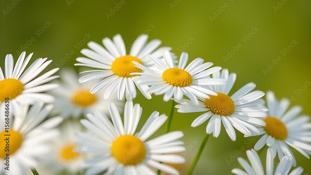 Fototapeta premium Close-up of fresh daisies with a soft green backdrop, natural light enhancing their delicate beauty.