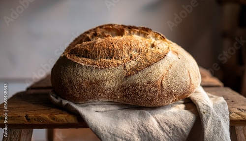 Wallpaper Mural appetizing sourdough baguette bread with cracked crust and rugged texture on a rustic wooden stool with linen towel artisan farmhouse style loaf captured in warm natural lighting Torontodigital.ca
