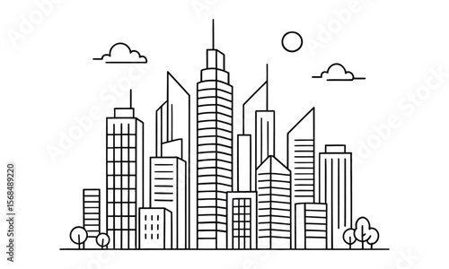 Modern city skyline outline vector with skyscrapers, buildings, and minimal urban design