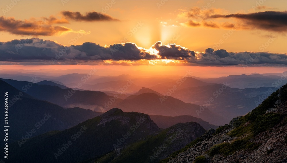 Obraz premium majestic landscape captured from a mountain peak featuring rugged terrain expansive hills and a vast sky filled with clouds highlighting the beauty of nature at sunset