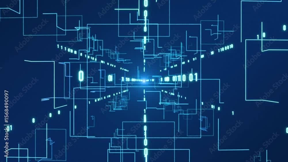 Futuristic space with wire frames, data, bits, binary code. Digital network, system, big data, computer technology. 3D animation Futuristic space with wire frames, data, bits, binary code. Digital network, system, big data, computer technology. 3D animation
