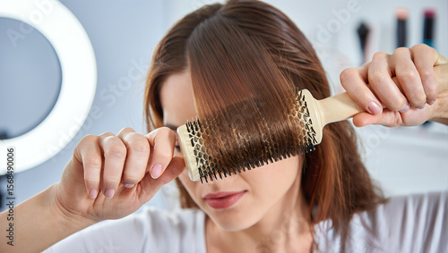 woman combing her hair