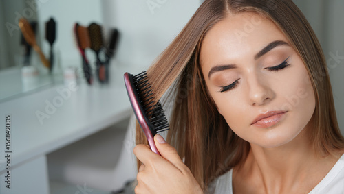woman combing her hair