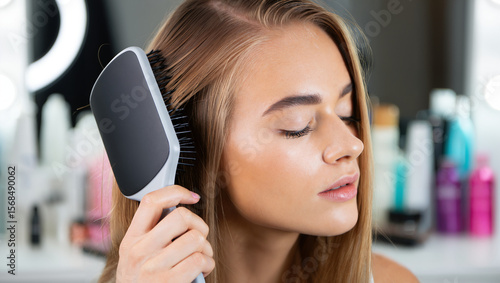 woman combing her hair