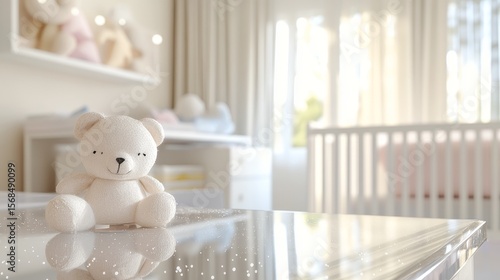 A clear countertop is shown in front of a baby's room that's a bit blurry. Great for showing off designs or decorations.
