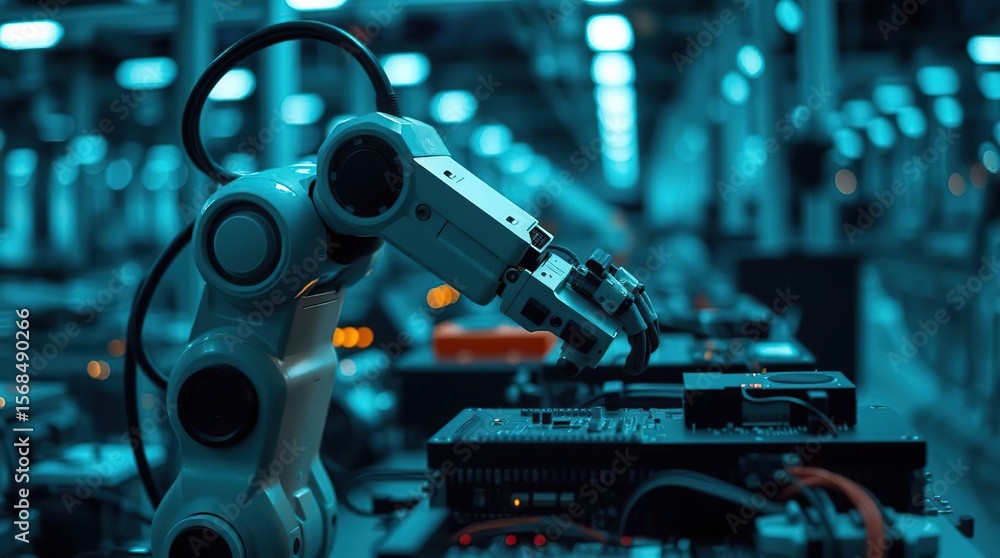 Fototapeta premium Robotic arm in automated tech factory.