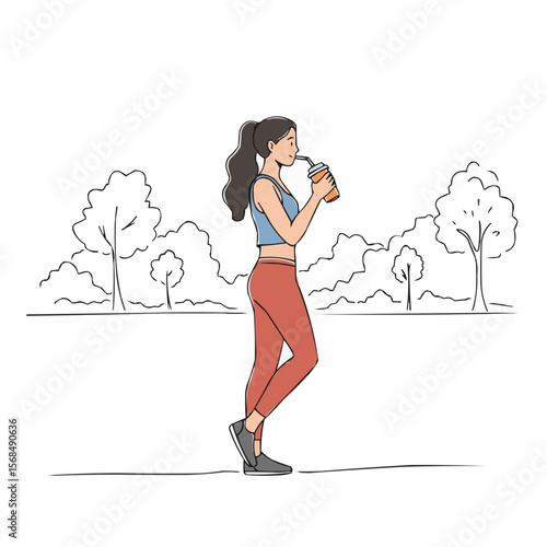 Young woman walking in park while drinking protein shake  