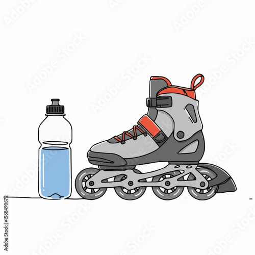 Inline skate next to a water bottle on white background  