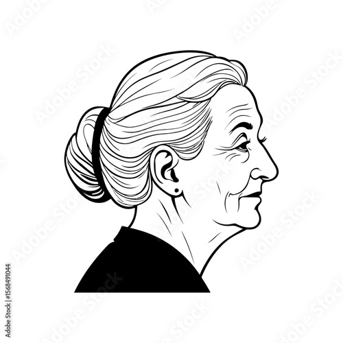 Elderly woman side profile detailed wrinkles timeless aging vector for heritage themes family history projects and documentary visuals