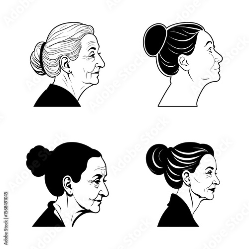 Elderly women portraits aging faces side views vector for gerontology studies senior living marketing and family legacy projects