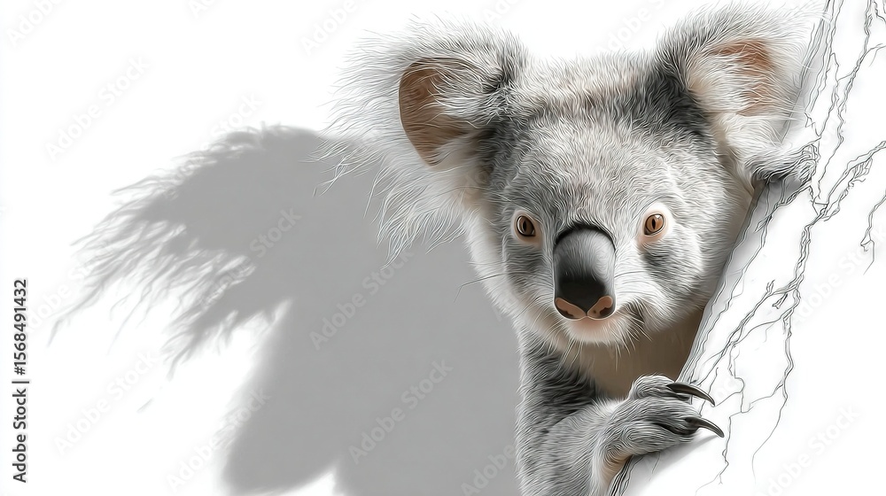 Fototapeta premium A digital painting of a koala bear emerging from behind a tree branch and casting a shadow on the wall, expertly crafted for optimal visual impact