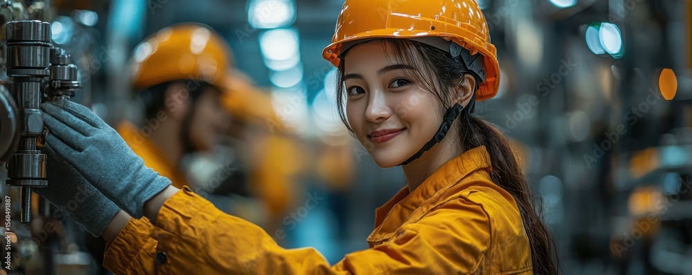 Female technician in safety gear working in a manufacturing facility Female technician in safety gear working in a manufacturing facility