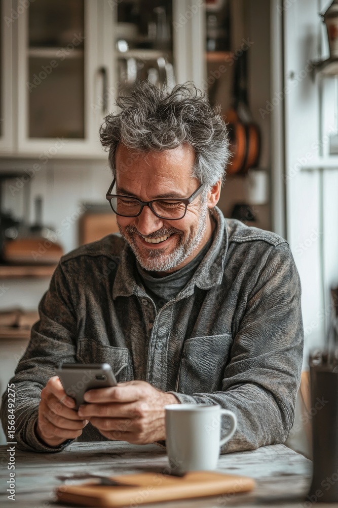 Middle-aged man smiling while using phone and sitting in modern kitchen Middle-aged man smiling while using phone and sitting in modern kitchen