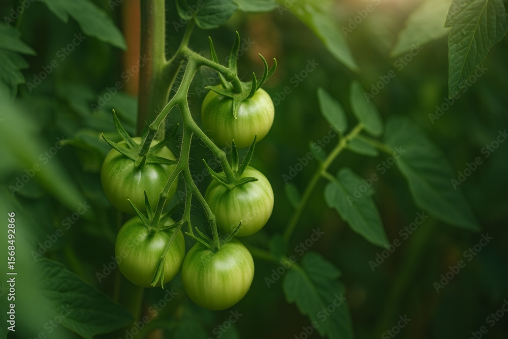 Fototapeta premium Unripe green tomatoes are growing on the vine in a greenhouse, bathed in the warm glow of sunlight, promising a future harvest of juicy, red tomatoes