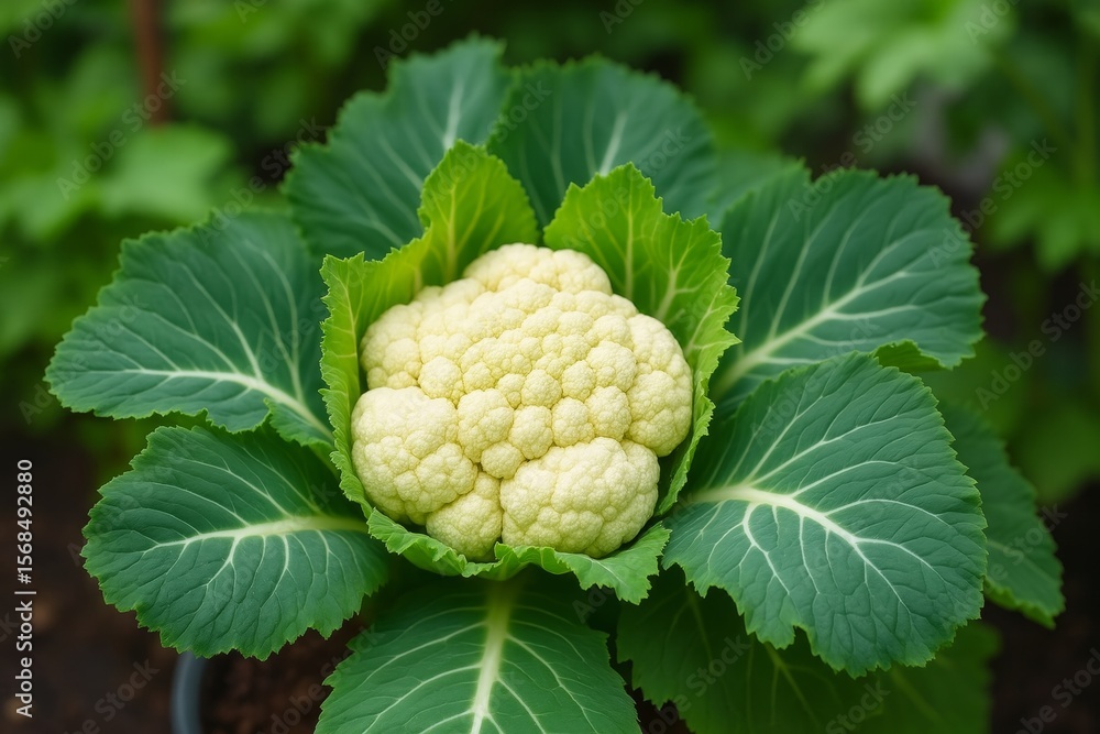 Fototapeta premium Organic cauliflower head growing amidst lush green leaves in a vibrant vegetable garden, showcasing a healthy and farm-fresh appeal that highlights the essence of natural produce