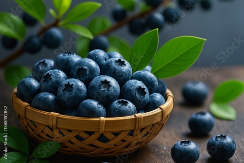 Wallpaper Mural Freshly picked blueberries glistening with water droplets overflow from a woven basket on a rustic wooden table, surrounded by vibrant green leaves and a blurred branch Torontodigital.ca