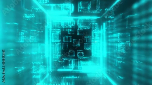 Abstract futuristic neon cubes forming a network, glowing in the dark