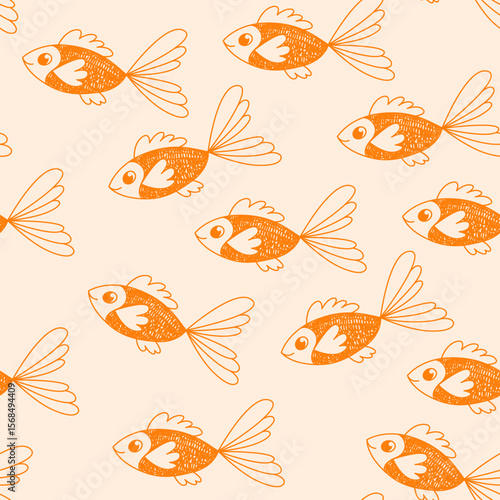 Seamless vector pattern with goldfish. Illustration stylized as a child's drawing. Maritime Living aesthetic. Marine decor for design, decoration, textiles, websites.
Line drawing.