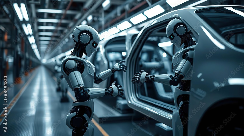 Fototapeta premium Robots assemble car at factory softly