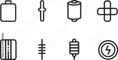 Vector Electronics Icons: Battery, Resistor, Capacitor, Power Symbol Set
