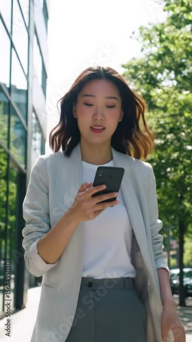 young professional woman in light blazer white t-shirt checks phone calls walks talks smiles outside modern glass office building trees background. dynamic business communication and technology