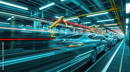 Robots build teal cars with light trails