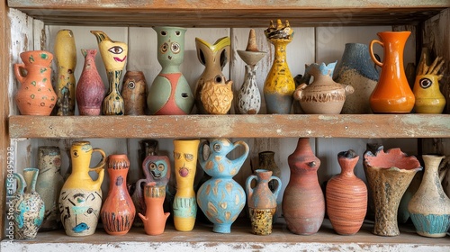Pottery on a shelf.
Various pottery on shelf.
Colorful clay art displayed.
Handmade pottery on display.
Clay items in a workshop.
