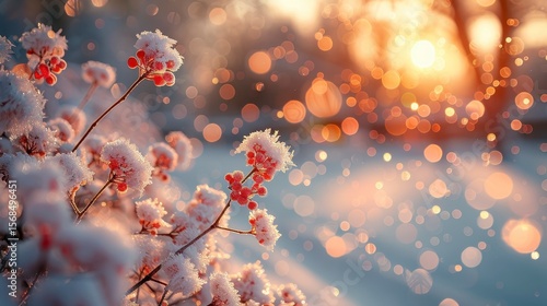 Snowy berries glitter in sunlight with bokeh background, winter scene