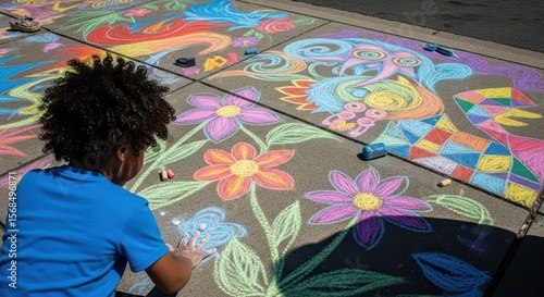 Young african male child creating vibrant sidewalk chalk art on sunny day