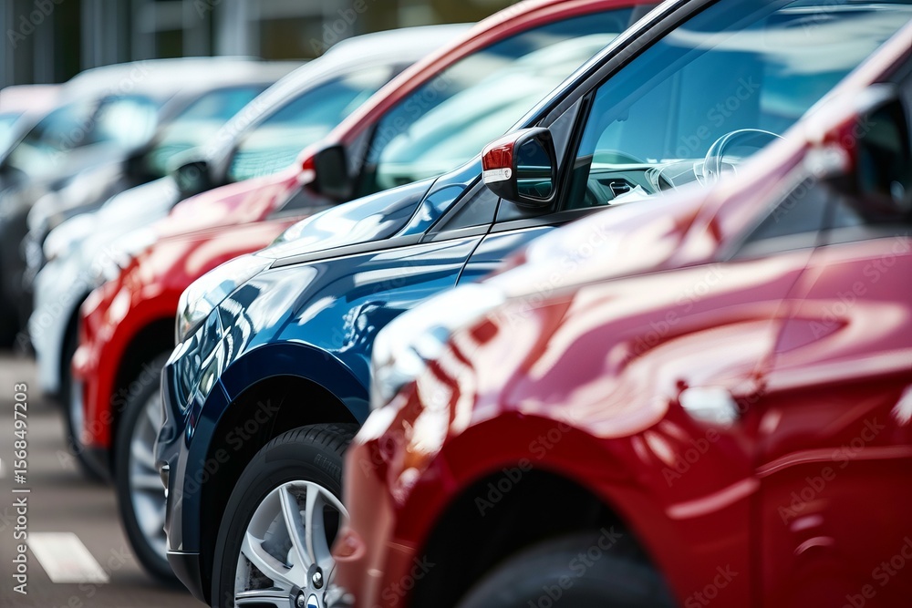 New cars parked in a row at dealership awaiting customers New cars parked in a row at dealership awaiting customers