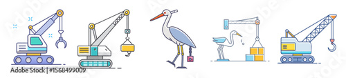 Line Art Illustrations of Cranes and a Construction Stork Delivering a Load