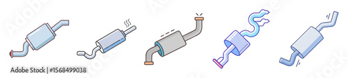 Cartoon vector image showcasing exhaust systems, mufflers, and pipes in various styles