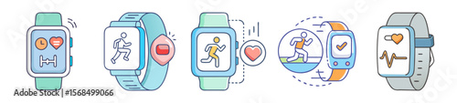 Set of fitness trackers and smartwatches showing different workout modes and health data