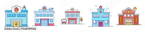 Collection of Five Fire Station Building Illustrations with Varied Architectural Styles