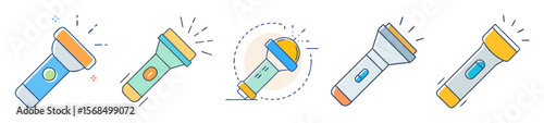 Collection of five vector cartoon flashlights in various colors and designs
