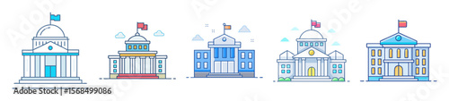 Diverse buildings featuring governmental, administrative, and architectural features with minimalist style