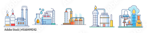 Cartoon illustration of oil and gas industry facilities, simple style design