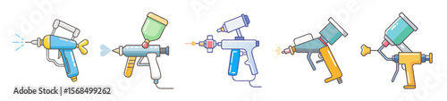 Diverse Cartoon Illustration of Professional Paint Spray Guns with Airless Technology