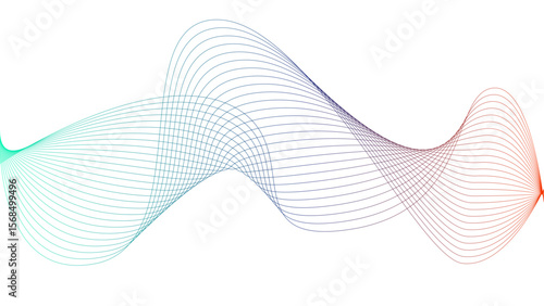 	
Vector curvy abstract line art wavy flowing dynamic colorful lines white background in concept music or sound, wave, wind, information flow	
