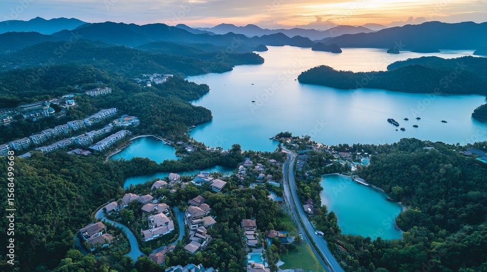 Obraz premium Stunning Thailand from above: a tropical paradise with turquoise waters, lush green islands, and a breathtaking sunset over Phang Nga Bay. Discover the beauty of Asia! 