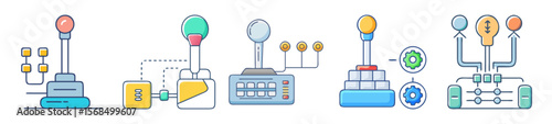 Illustrations depicting different control mechanisms and gear shifters for machinery