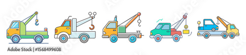 Collection of cartoon tow trucks in various color schemes and designs