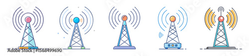 Collection of Various Colorful Wireless Communication Towers and Signal Transmission Icons