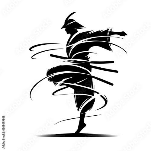 Samurai warrior with katana in dynamic vector ink silhouette