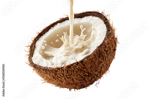 Creamy white coconut milk splashing dynamically into a halved ripe coconut against a stark transparent background