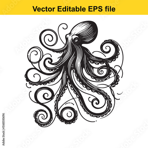 Detailed Octopus Illustration with Intricate Tentacles in Black and White Vector Style Seafood marine life and detailed depiction