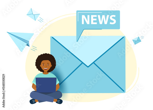 concept An email. the letter is in an envelope. Girl writes an email. African-American black ladies. Vector illustration for online marketing and business.